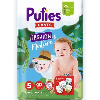 PUFIES PANTS FASHION&NATURE MAXI PACK Бебешки гащички за еднократна употреба Junior размер 5, 12-17 кг, 40бр valinokids