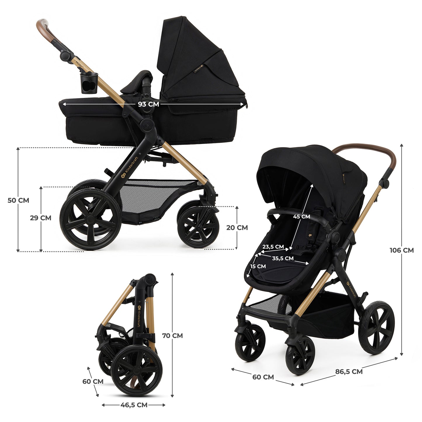 KinderKraft MOOV 2 бебешка количка 3в1 PURE BLACK