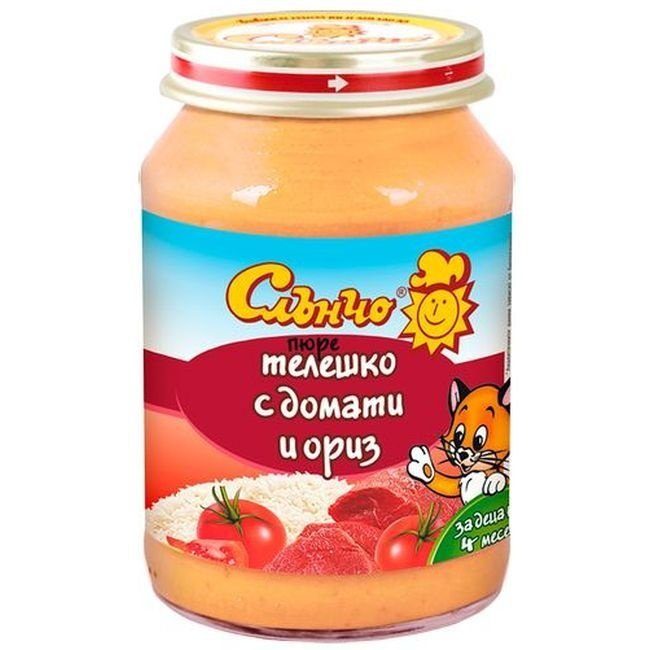 Месно-зеленчуково пюре Слънчо - Телешко с домат и ориз, 190 g valinokids