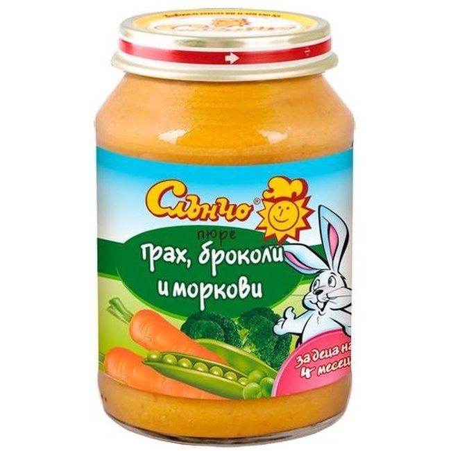 Зеленчуково пюре Слънчо - Грах, броколи и моркови, 190 g valinokids