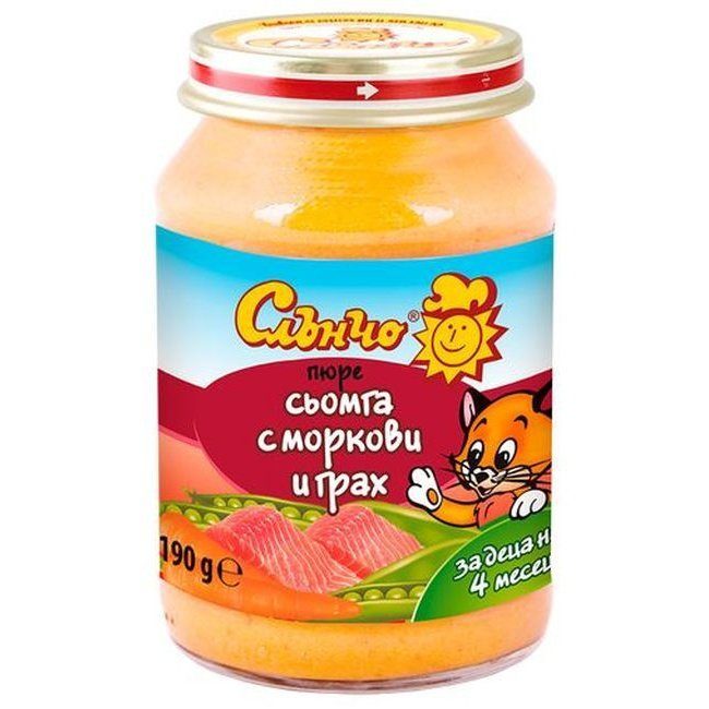 Месно-зеленчуково пюре Слънчо - Сьомга с моркови и грах, 190 g valinokids