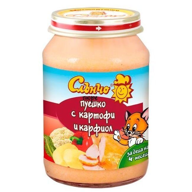 Месно-зеленчуково пюре Слънчо - Пуешко с картофи и карфиол, 190 g valinokids