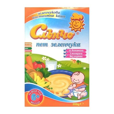 Слънчо Зеленчукова каша с пет зеленчука за деца над 6 месеца х200 грама valinokids