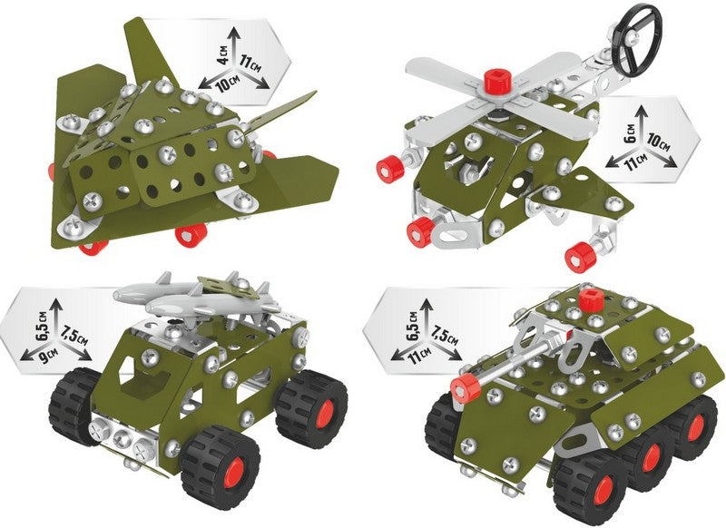 Tehnok метален конструктор 30х25х5 с болтове гайки инструменти и гуми за направа на военни машини 4 модела 430 елемента с подръжка в youtube
