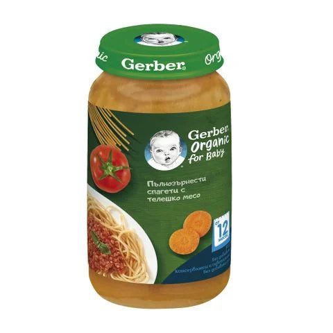 Gerber Organic Пълнозърнести спагети с телешко месо за деца над 12 месеца x250 грама valinokids