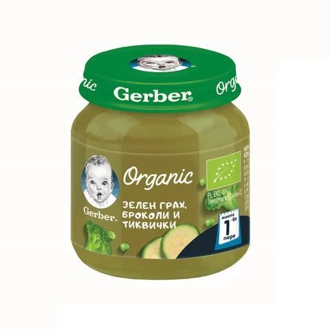 Gerber Organic Пюре от зелен грах, броколи и тиквички за деца над 4 месеца x125 грама valinokids