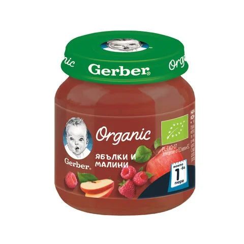 Gerber Organic Пюре от ябълки и малини за деца над 4 месеца x125 грама valinokids