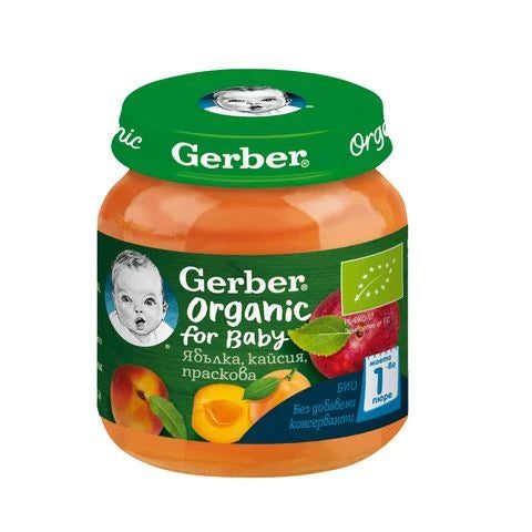 Gerber Organic Био пюре ябълка, кайсия и праскова за деца над 6 месеца x125 грама valinokids