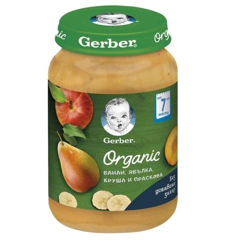 Gerber Organic Пюре от банан, ябълка, круша и праскова за деца от 7-мия месец x190 грама valinokids