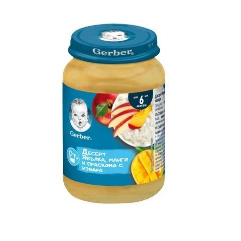 Gerber Плодов десерт с ябълки, манго, праскова и извара x190 грама valinokids