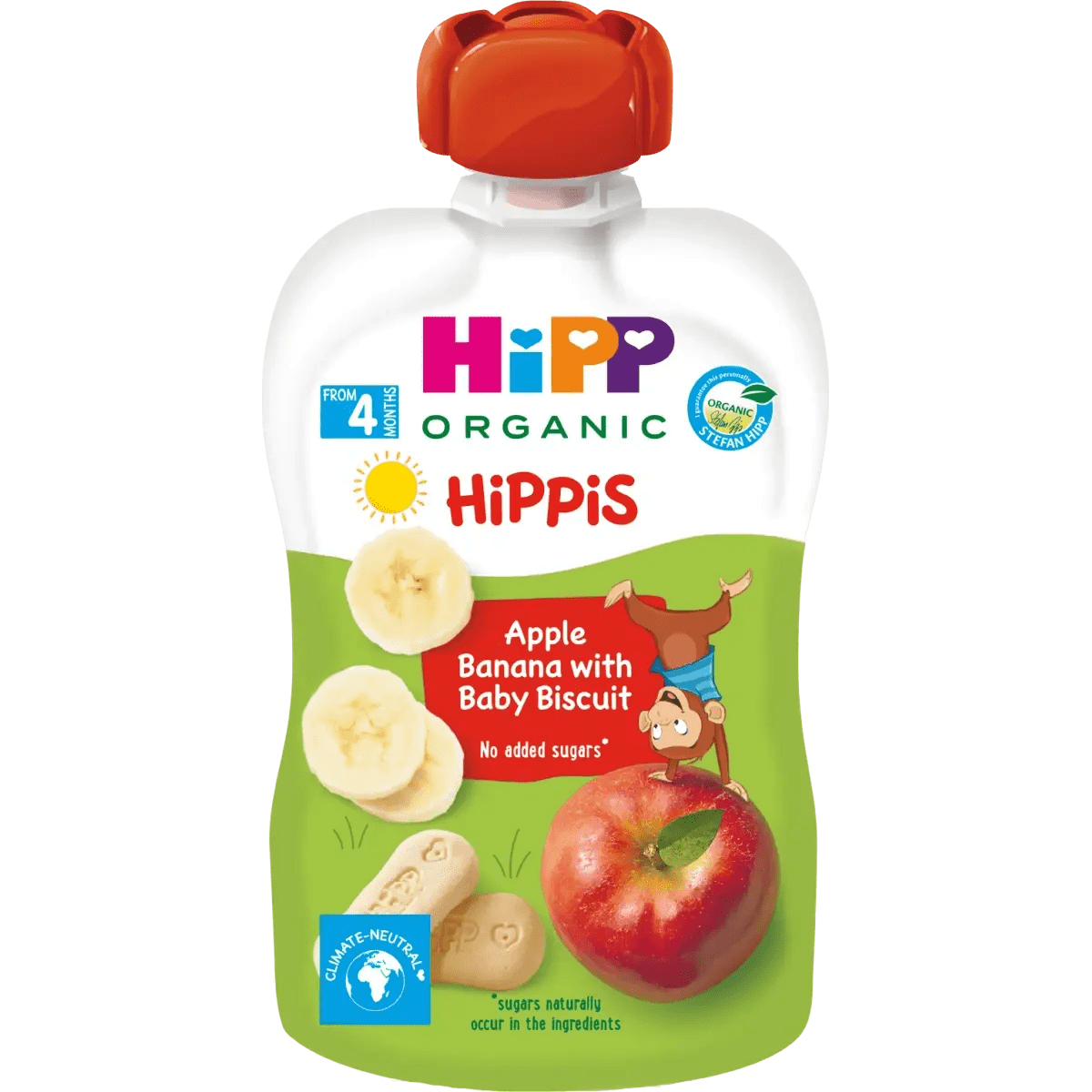 HIPP Био плодова закуска с ябълка, банан и бебешки бисквити, 100 g valinokids
