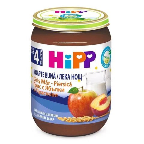 Hipp Лека нощ Био грис с млечна смес, ябълки и праскови от 4 месечна възраст х190 грама - 5509 valinokids
