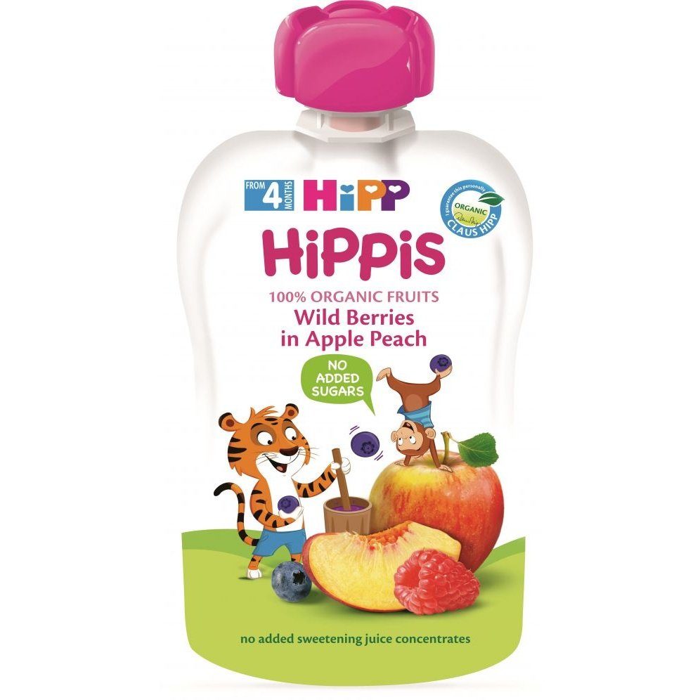 Био плодова закуска Hipp Hippis - Горски плодове, ябълка и праскова, 100 g valinokids