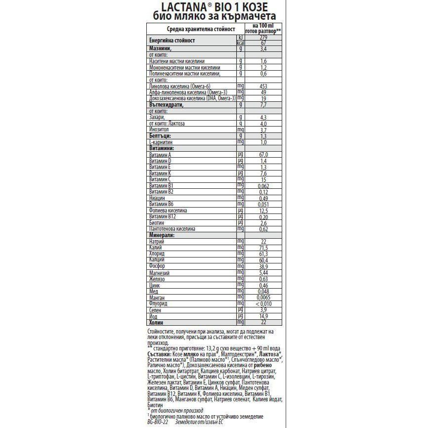 LACTANA 1 Био Козе мляко за кърмачета +DHA 0+ мес. 400 г valinokids