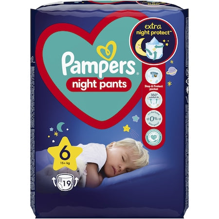 Пелени-гащички Pampers Night Pants, Нощни, Размер 6, 15+ кг, 19 броя valinokids