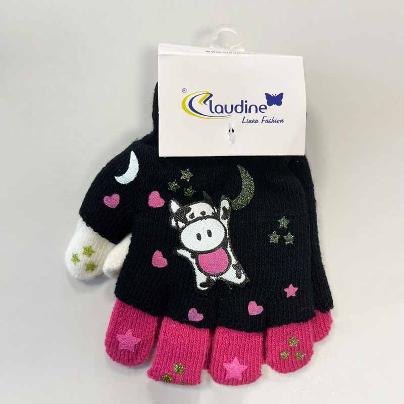 Clodine Italy Детски ръкавички Кравичка, черни/розови, 6-10 год.